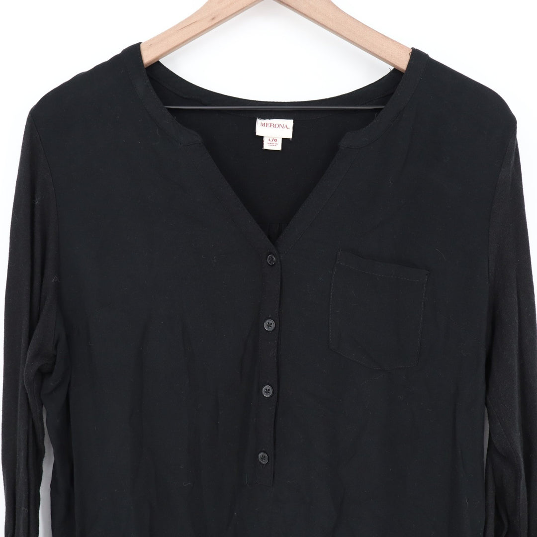 Merona Tunic Top Womens L Black Button Split Neck Roll Tab Sleeve Front Pocket
