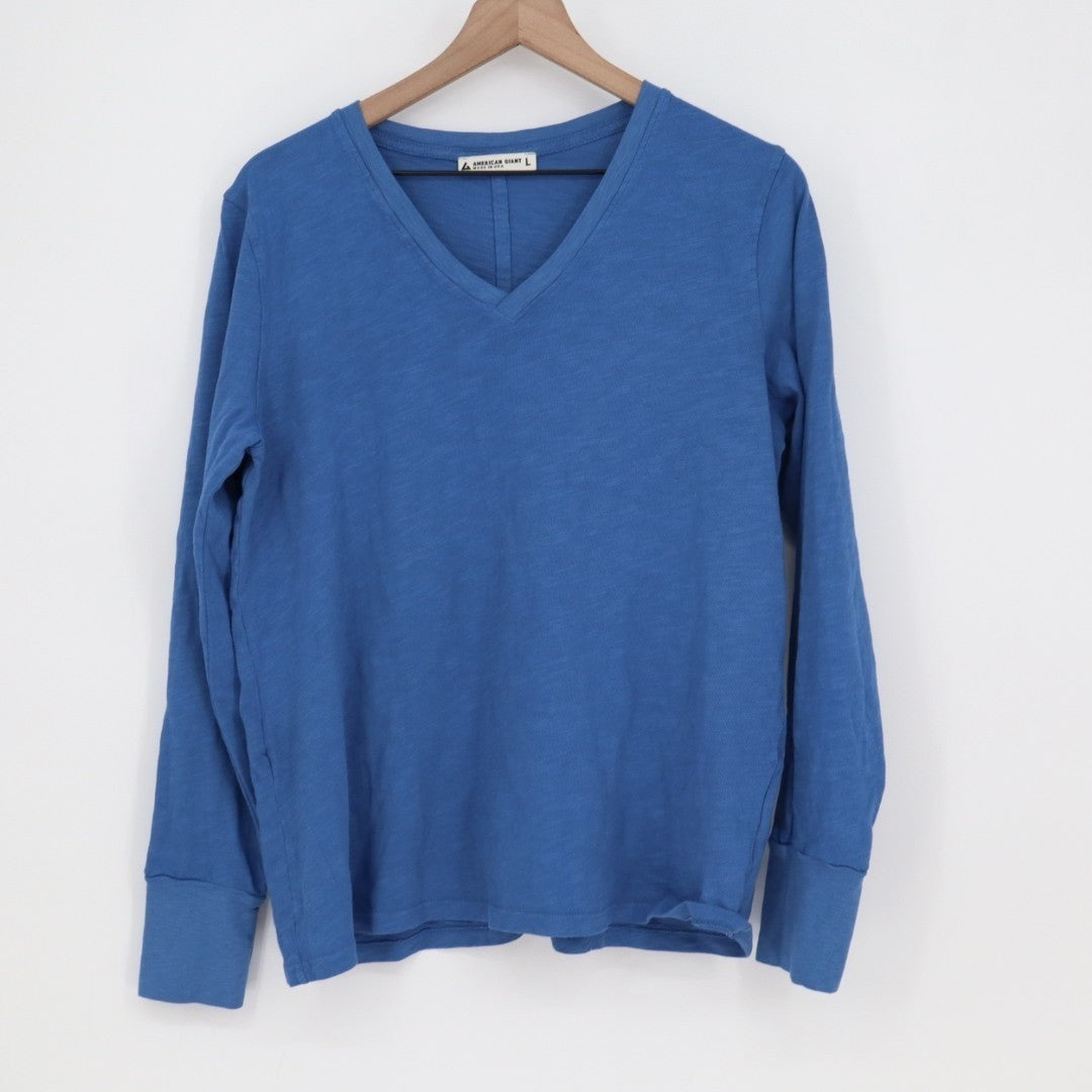 American Giant Premium Slub T-Shirt Womens Large Blue Cotton V-Neck Pullover