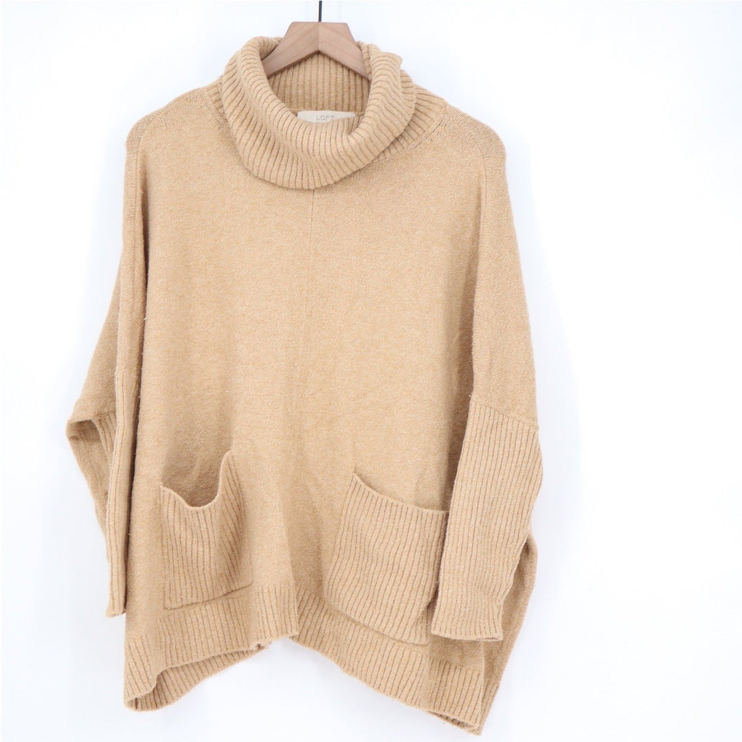 LOFT Womens Camel Tan Oversized Turtleneck Poncho Sweater with Pockets Size M