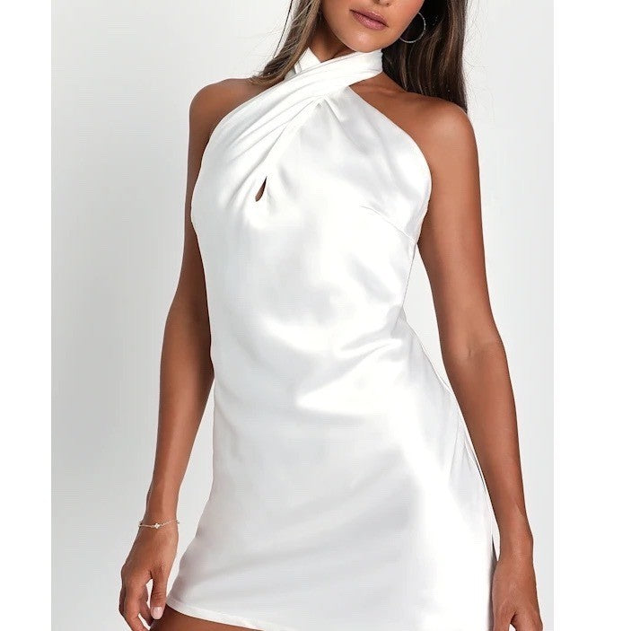 Lulus Beyond Classy Mini Dress Womens L White Stretch Satin Halter Neck Back Zip