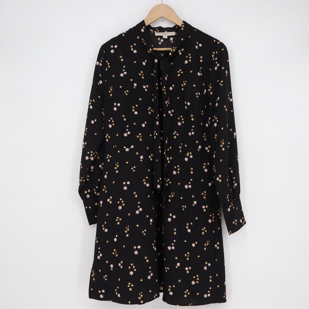 LOFT Black Floral Tie Neck Long Sleeve Mini Dress Size 6