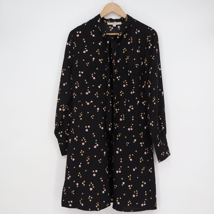 LOFT Black Floral Tie Neck Long Sleeve Mini Dress Size 6