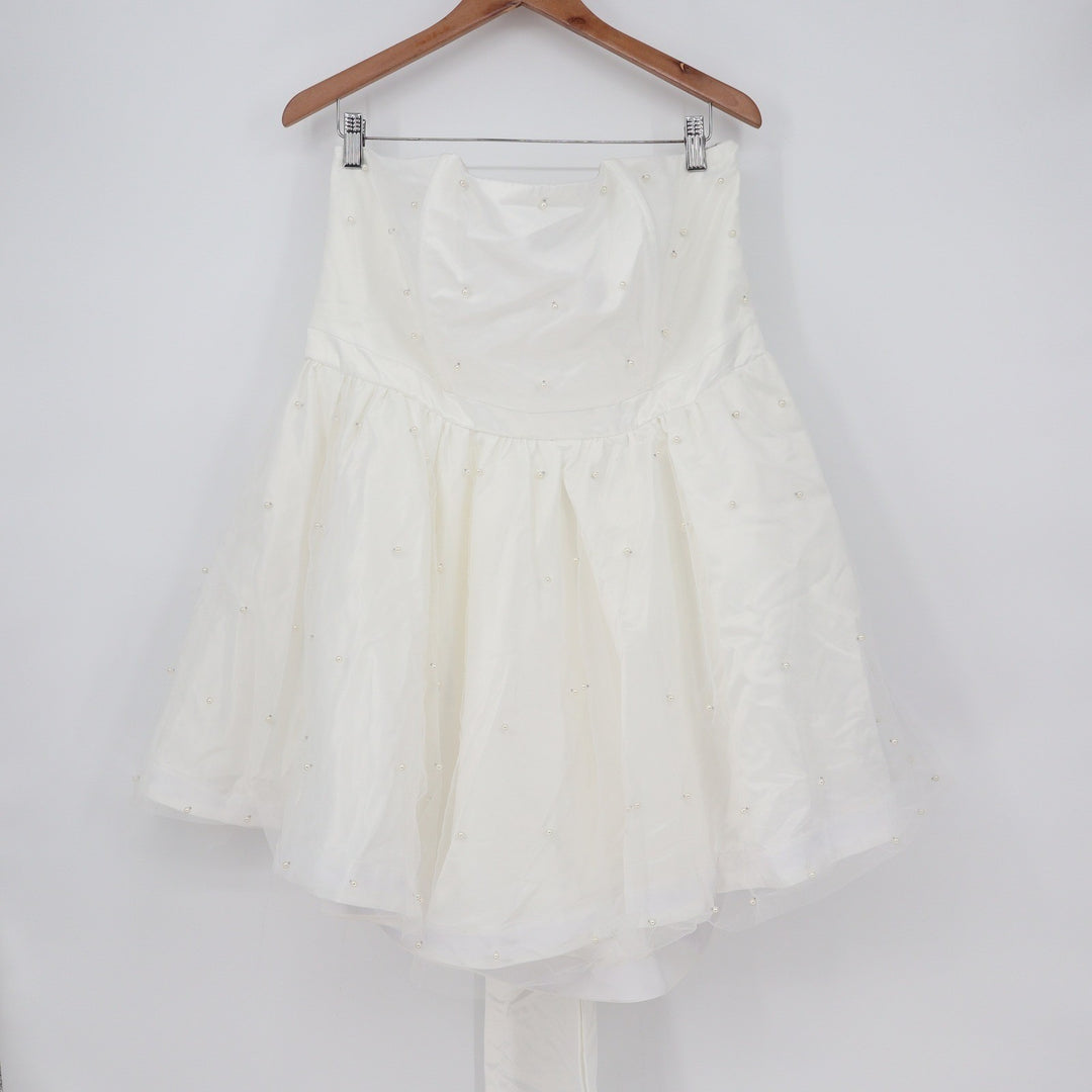 Showpo Cailene Mini Dress Ivory Strapless Pearl Bow Train Fit Flare US 16 NEW