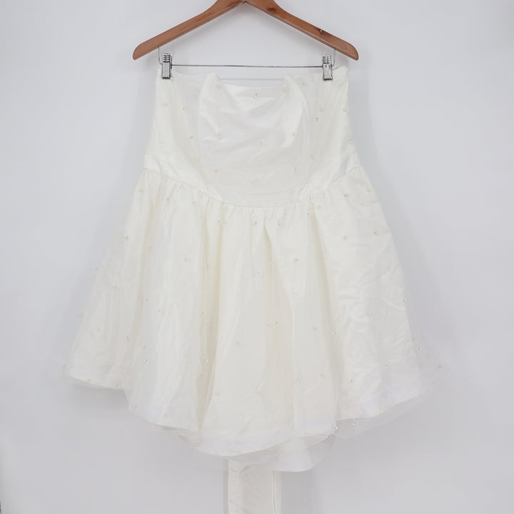Showpo Cailene Mini Dress Ivory Strapless Pearl Bow Train Fit Flare US 16 NEW