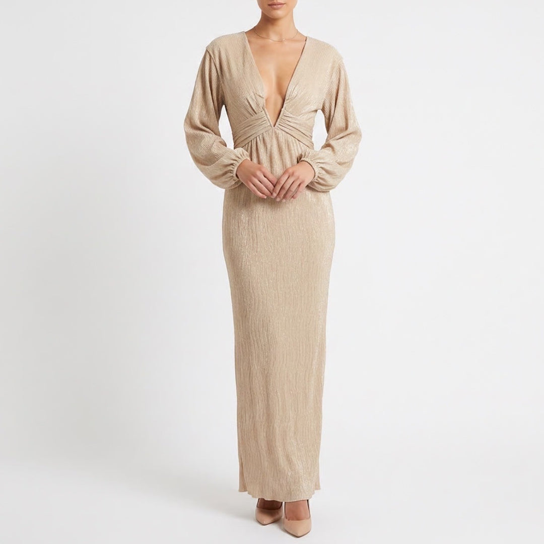 Crescent Deep V Maxi Dress Champagne Crinkle Textured Long Sleeve L NEW