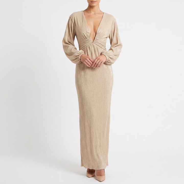Crescent Deep V Maxi Dress Champagne Crinkle Textured Long Sleeve L NEW