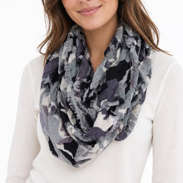 Abstract Floral Infinity Scarf Grey Purple Black White Frayed Edge Loop Scarf