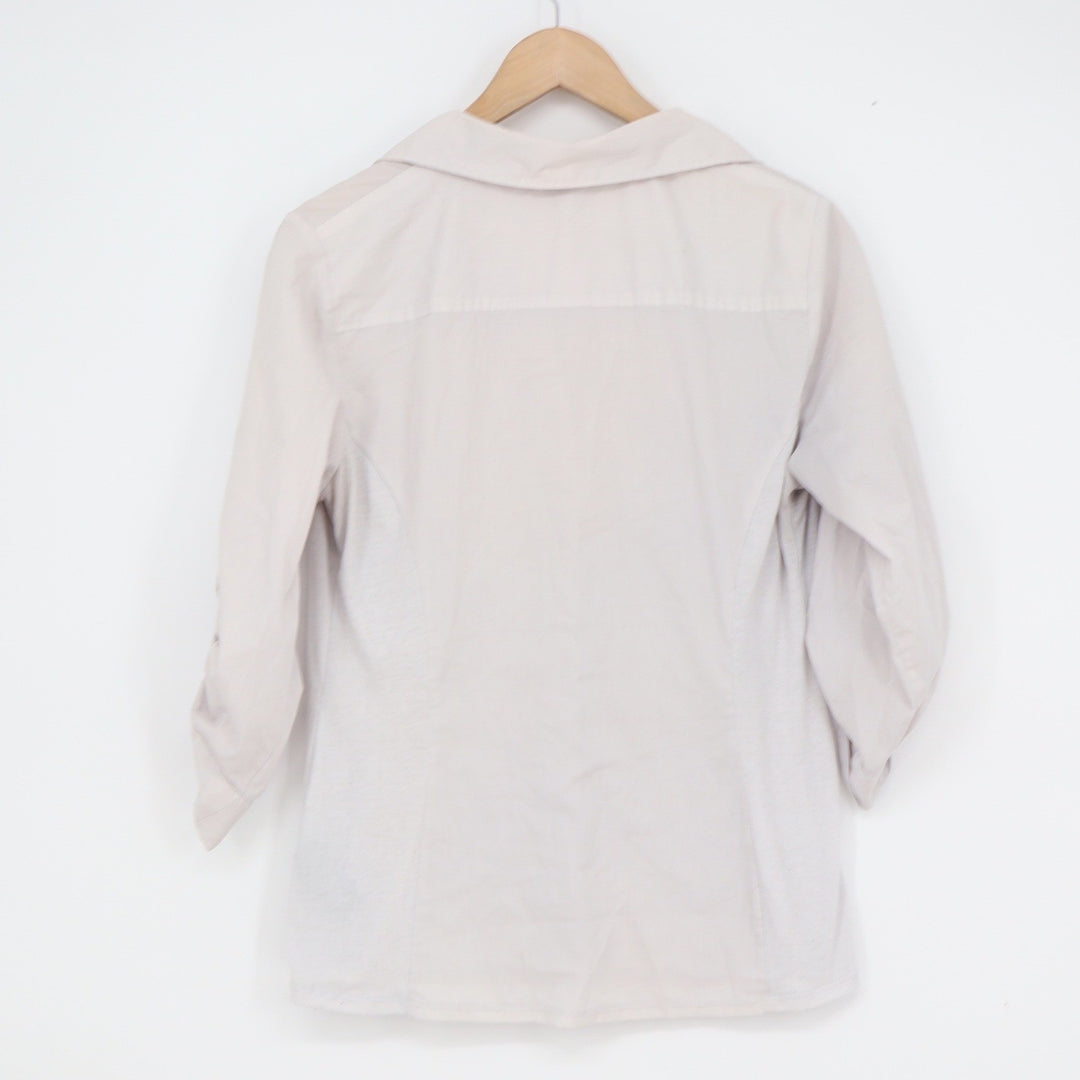 Zac & Rachel Womens Beige Roll Tab Sleeve Button Up Shirt Size M Stretch Panels