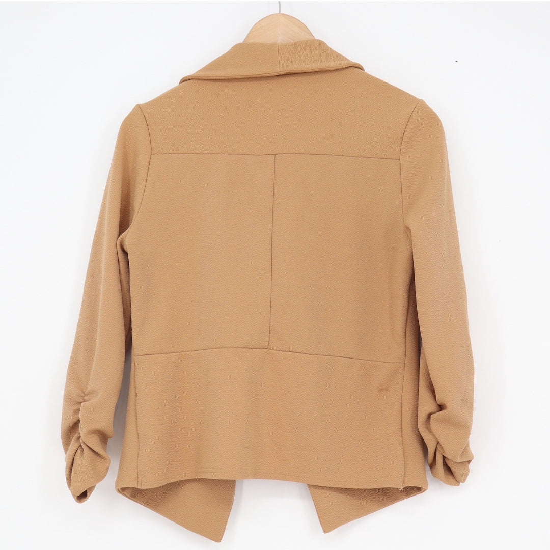 POGTMM Womens Camel Tan Open Front Blazer 3/4 Ruched Sleeve Shawl Collar Size S