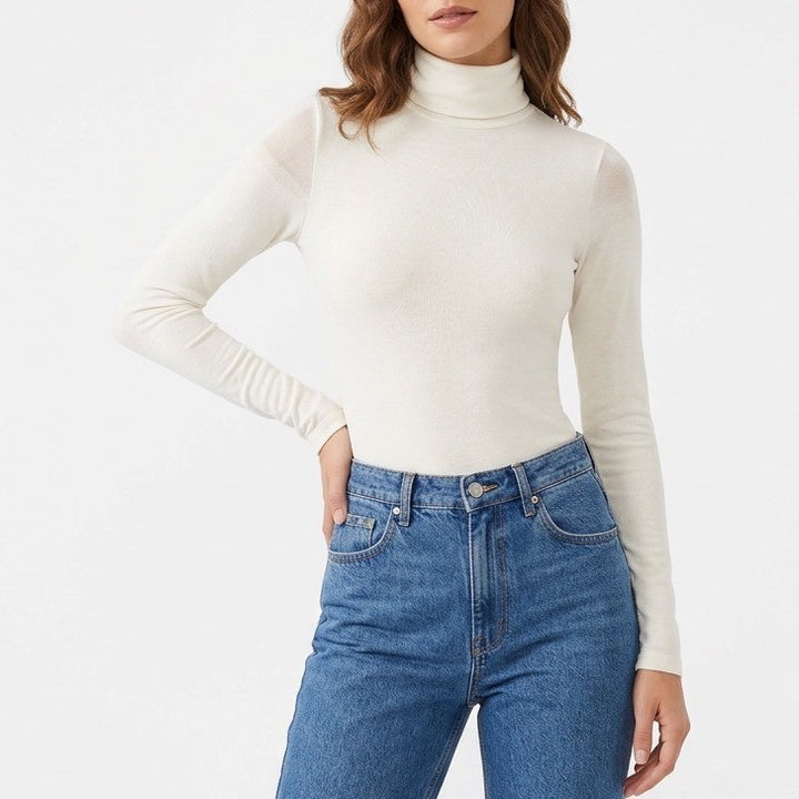 Naked Wardrobe Cream White Turtleneck Long Sleeve Bodysuit XL