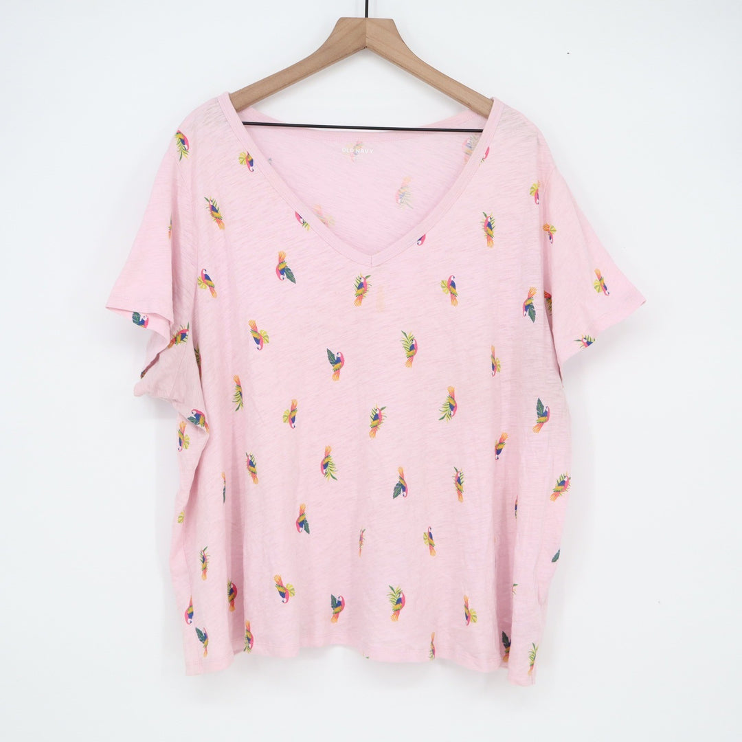 Old Navy Everywear Pink Parrot Print V-Neck Cotton T-Shirt XXL