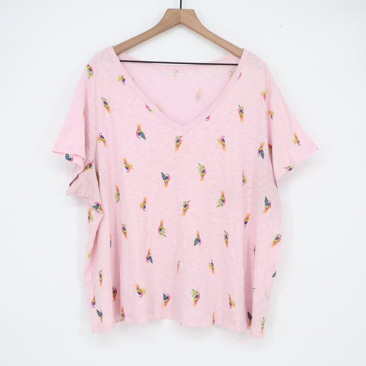 Old Navy Everywear Pink Parrot Print V-Neck Cotton T-Shirt XXL