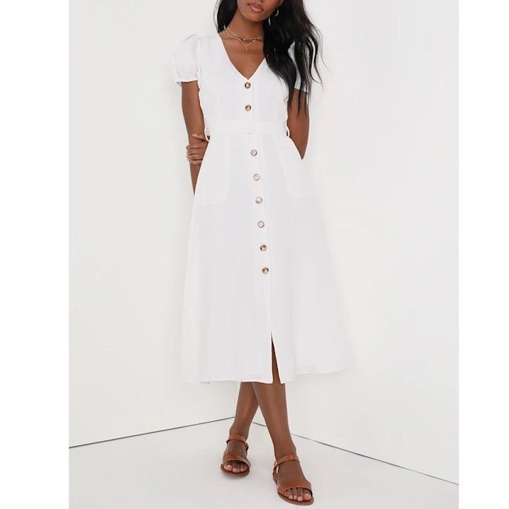 Lulus Sicily Sweetheart Midi Dress Womens XL White Button-Front Puff Sleeve