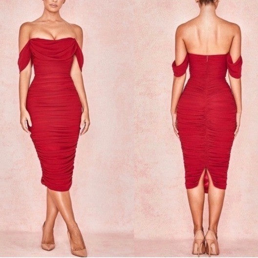 House of CB Carlotta Ruched Draped Chiffon Dress Womens XS Red Off The Shoulder