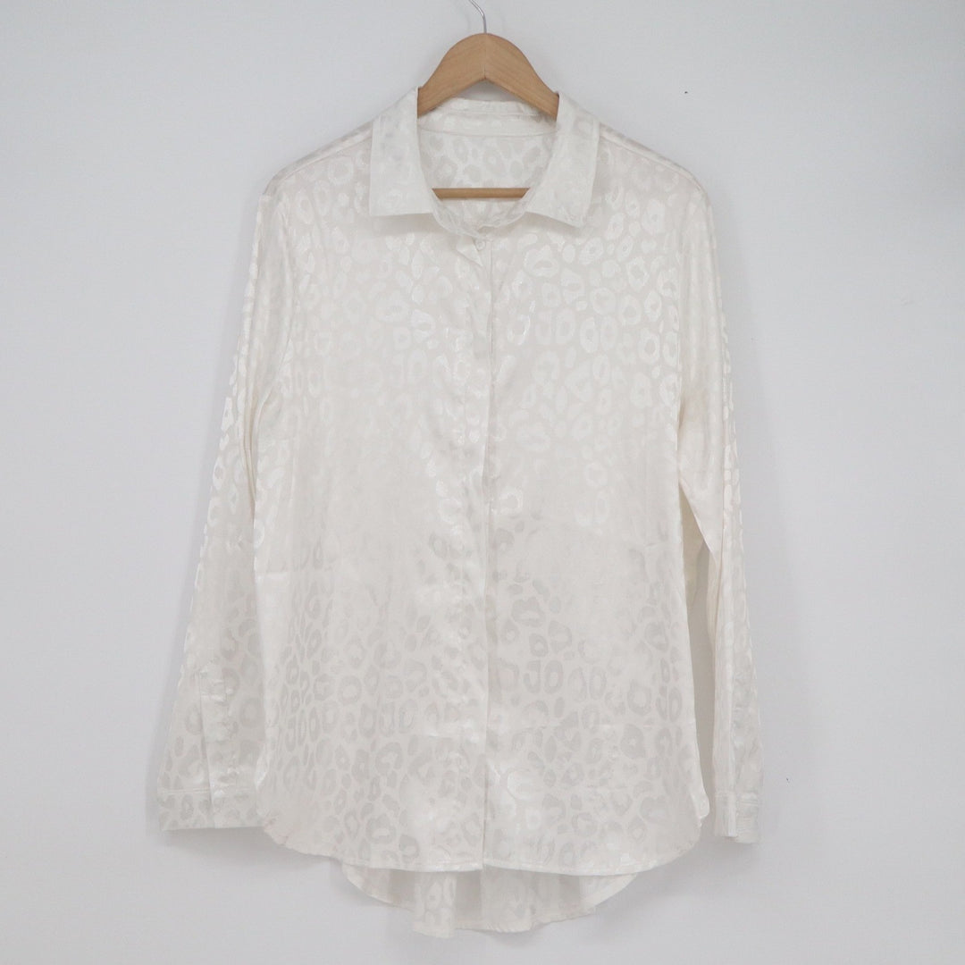 Womens Cream White Leopard Satin Button Down Shirt Jacquard Long Sleeve XL