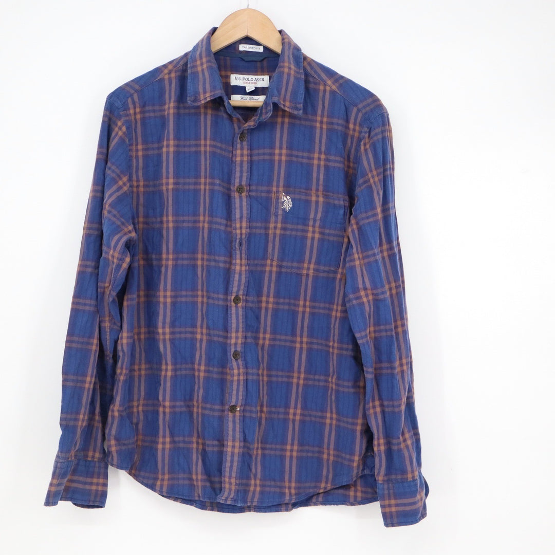US Polo Assn Mens Tailored Fit Plaid Flannel Button Down Shirt Blue Brown L