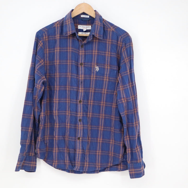 US Polo Assn Mens Tailored Fit Plaid Flannel Button Down Shirt Blue Brown L