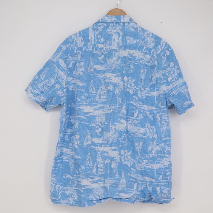 Unbranded Blue White Tropical Sailboat Hawaiian Short Sleeve Button Down Shirt