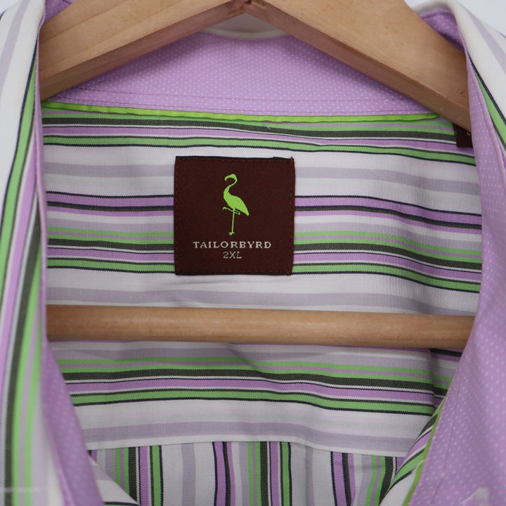 Tailorbyrd Button-Down Mens 2XL Striped Purple Green Cotton Long Sleeve