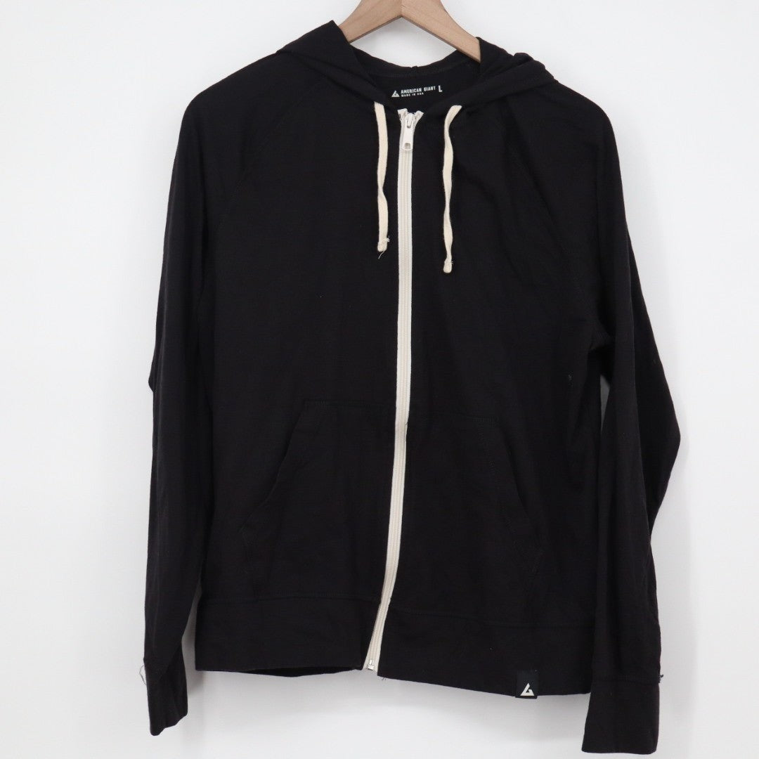 American Giant Lightweight Full Zip Hoodie Womens Large Black Logo Fleece Lined