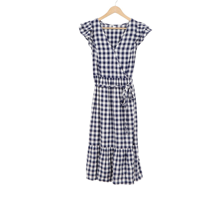 Old Navy Navy Blue Gingham Wrap Midi Dress Flutter Sleeve Tiered Cotton Small