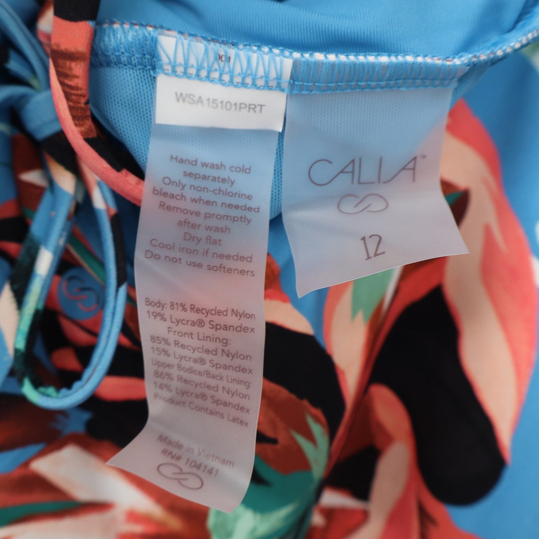 Calia Womens Tranquil Blue Floral Strappy Back One Piece Swimsuit Size 12