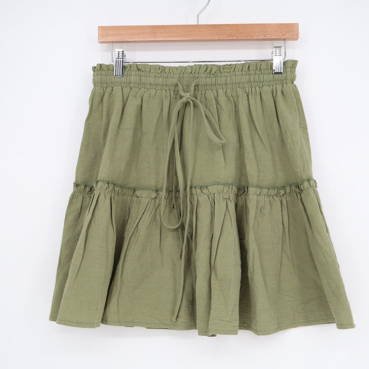 Mini Skirts Womens M Olive Green Pleated Dusk Tiered Tie Detail Elastic Waist