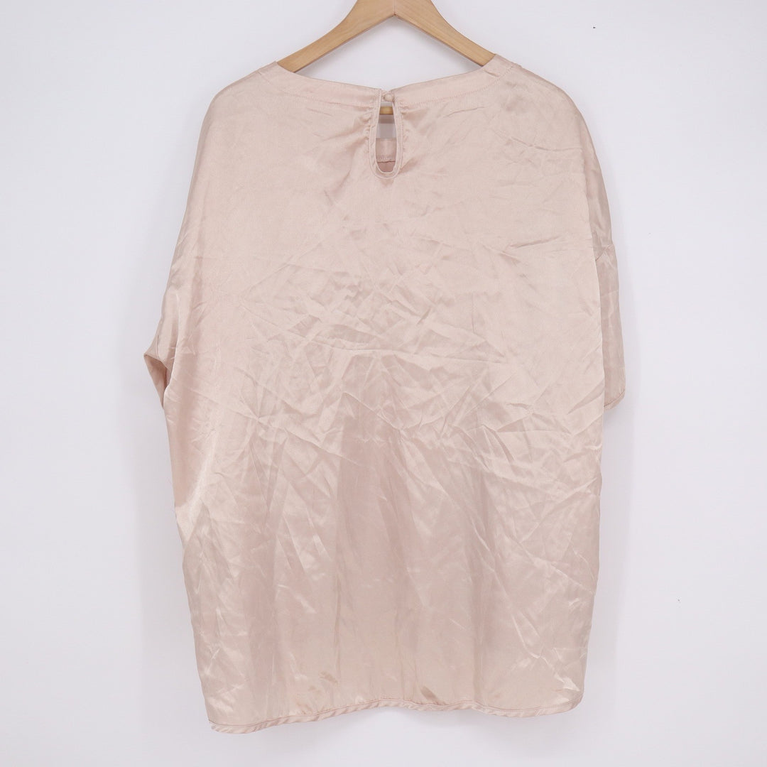 Ekouaer Womens XL Satin Short Sleeve Blouse Champagne Pink Pocket High Low Top
