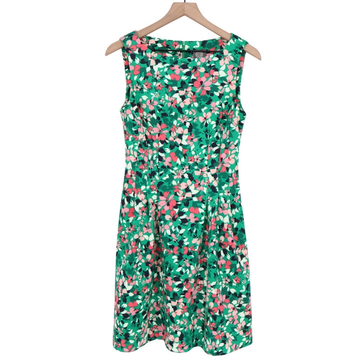 Vince Camuto Fit & Flare Dress Women 6 Green Floral Stretch Sleeveless Boat Neck