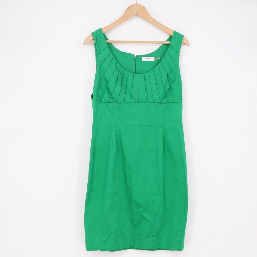 Calvin Klein Womens Green Pleated Neckline Cotton Blend Sheath Dress Size 10