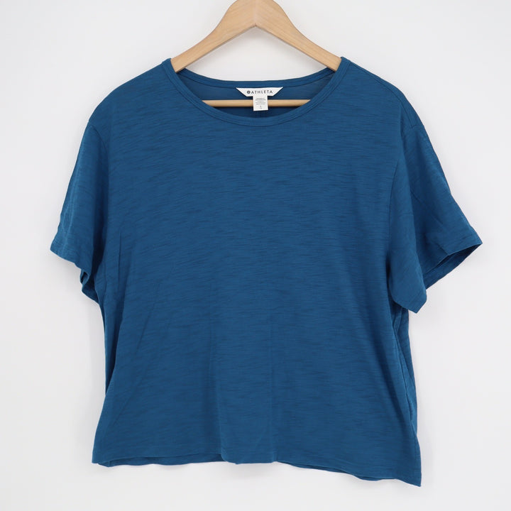 Athleta Zephyr Blue Slub Knit Relaxed Crew Neck Short Sleeve T-Shirt Womens L