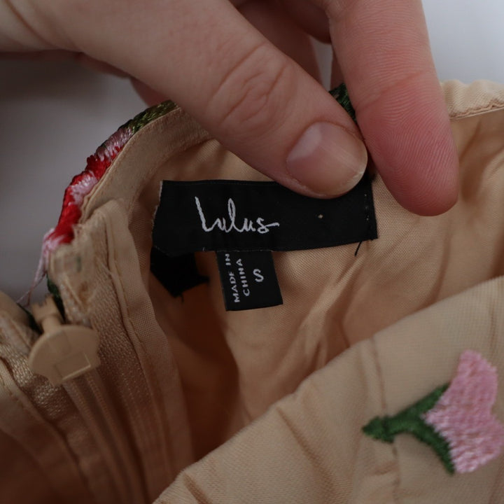 Lulus Endless Praise Midi Dress Womens Small Beige Floral Embroidered Strapless
