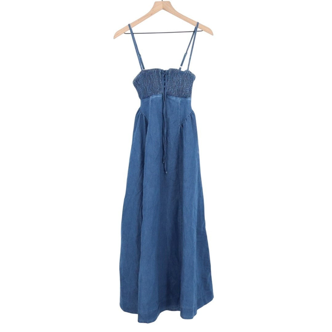 Lulus Laylie Midi Dress Womens XS Blue Medium Wash Denim Lace-Up Smocked Summer