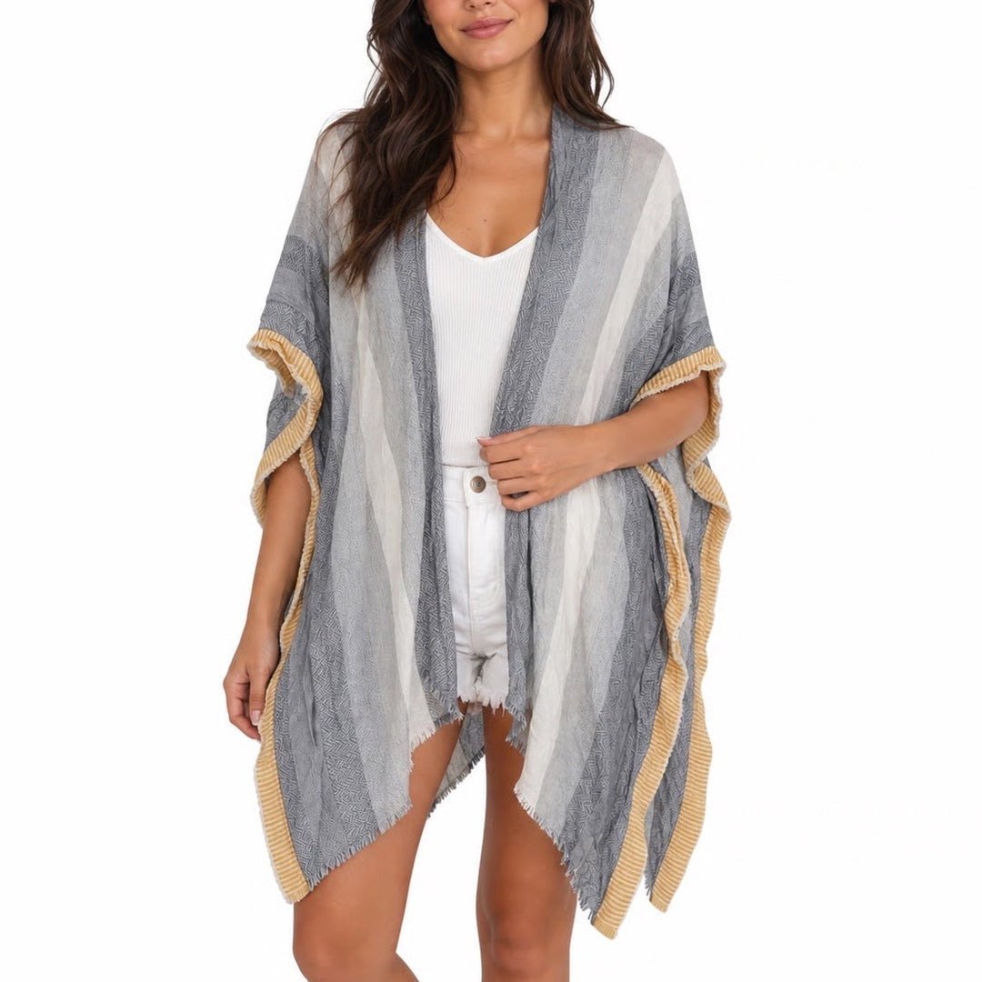 Universal Thread Yellow Grey Striped Kimono Wrap Open Front Fringe