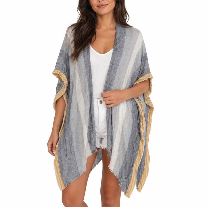 Universal Thread Yellow Grey Striped Kimono Wrap Open Front Fringe