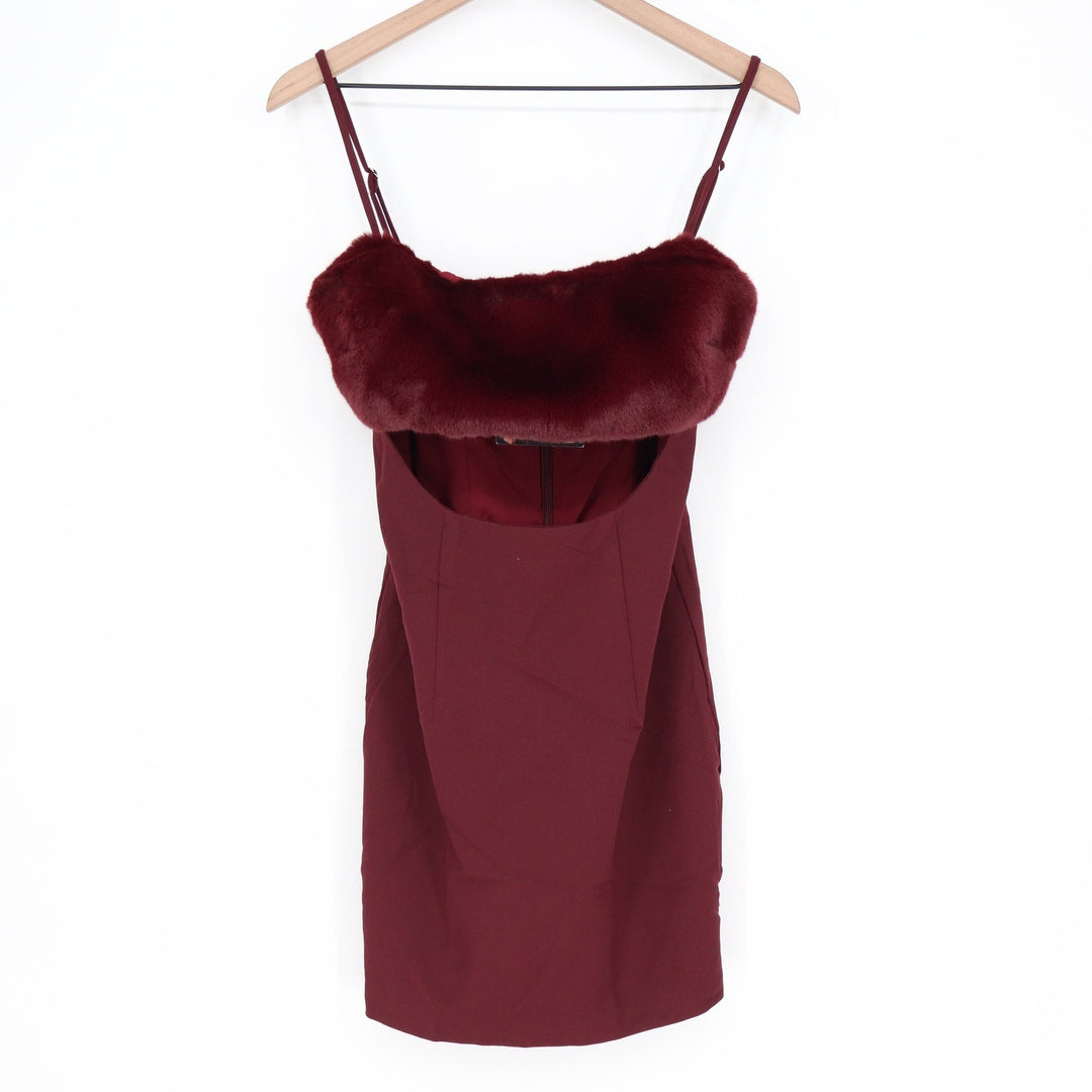 Naked Wardrobe Maroon Faux Fur Trim Cutout Mini Dress NWH19-D9 MN Medium