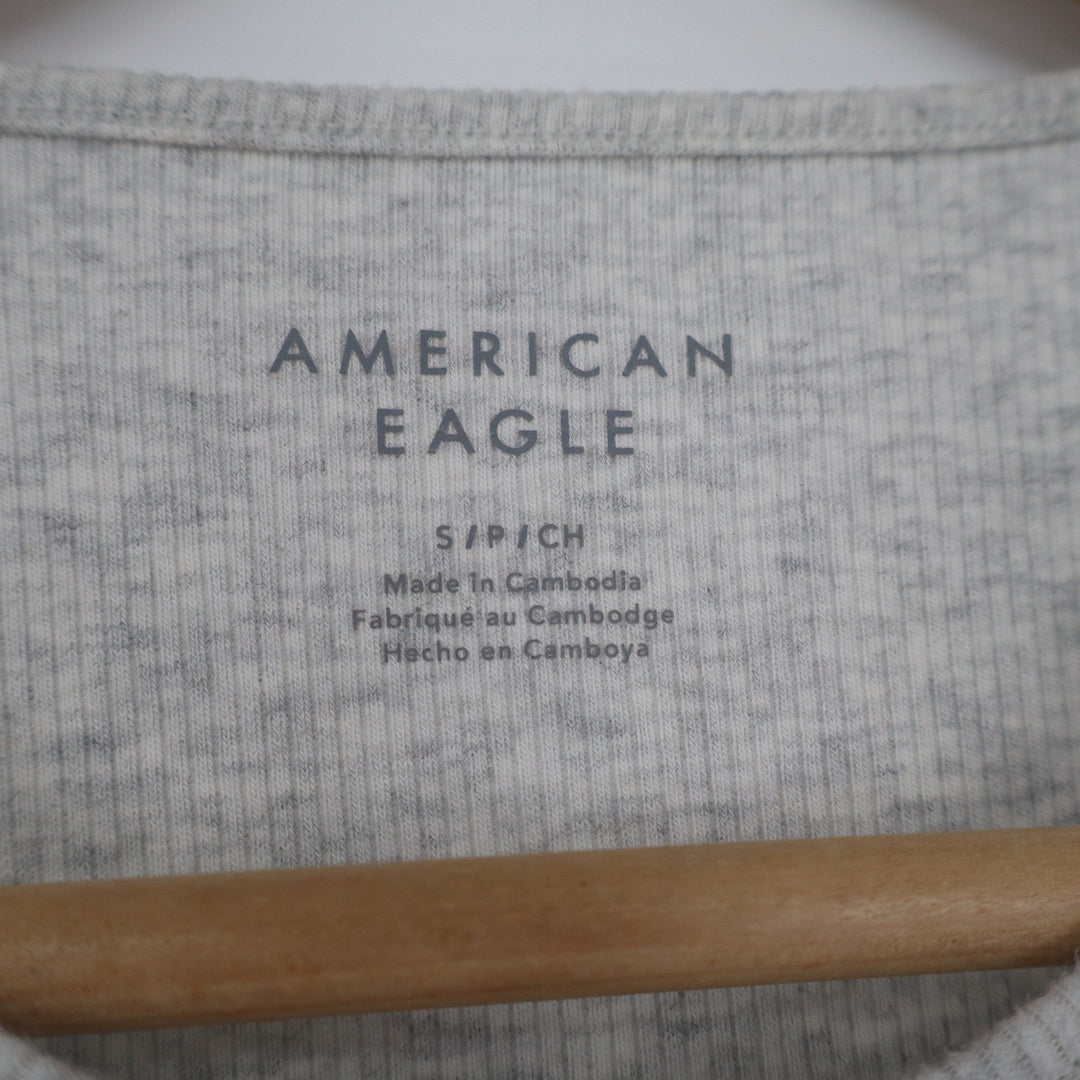 American Eagle Womens Small Gray Ribbed High Neck Tank Top Sleeveless Curved Hem