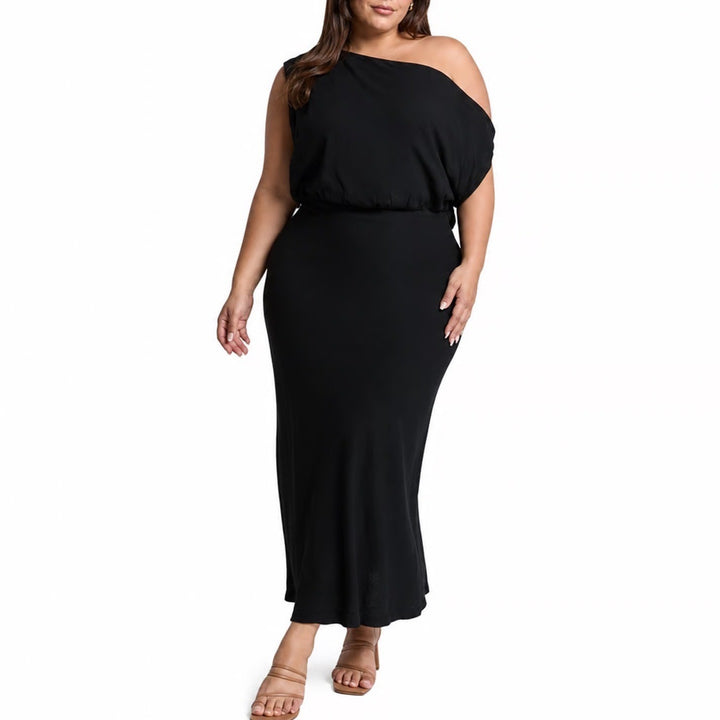 Showpo Jacqueline Black One Shoulder Cowl Neck Linen Blend Maxi Dress Size 14