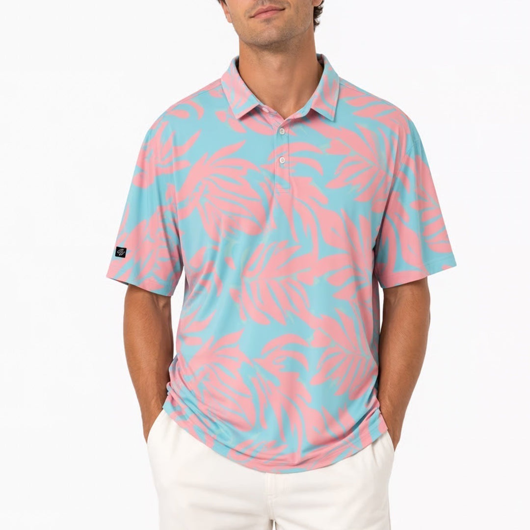 Sunday Swagger Polo Shirt Mens 3XL Blue Pink Tropical Leaf Golf Tennis Stretch