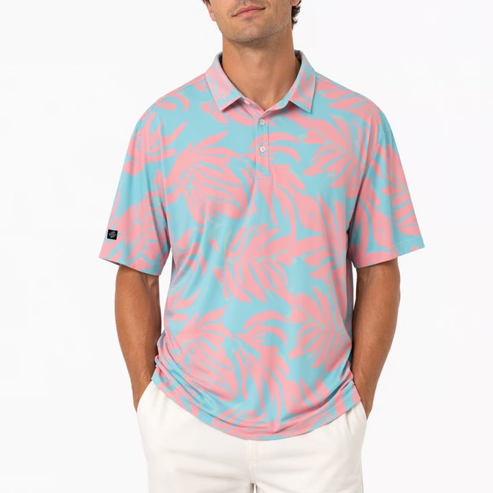 Sunday Swagger Polo Shirt Mens 3XL Blue Pink Tropical Leaf Golf Tennis Stretch