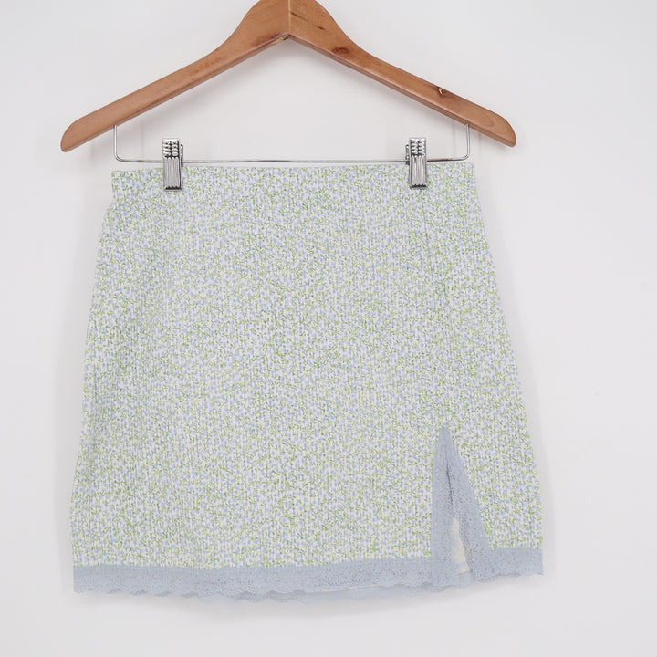Floral Crinkle Mini Skirt Blue Green Lace Trim Side Slit High Waisted BKA78