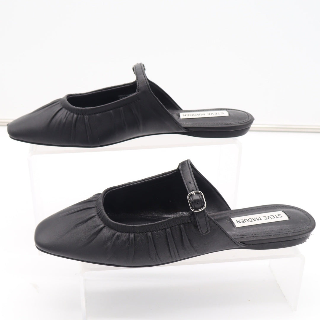 Steve Madden Womens Black Leather Ruched Mary Jane Mules Square Toe Flats 8.5