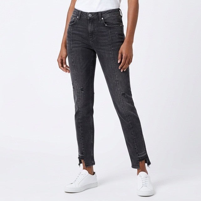 Zara Jeans Womens 8 Black Premium Denim Distressed Step Raw Hem Low Rise Skinny