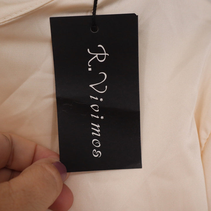 R.Vivimos Champagne Cream Silky Backless Tie Mini Dress Long Sleeve Size L
