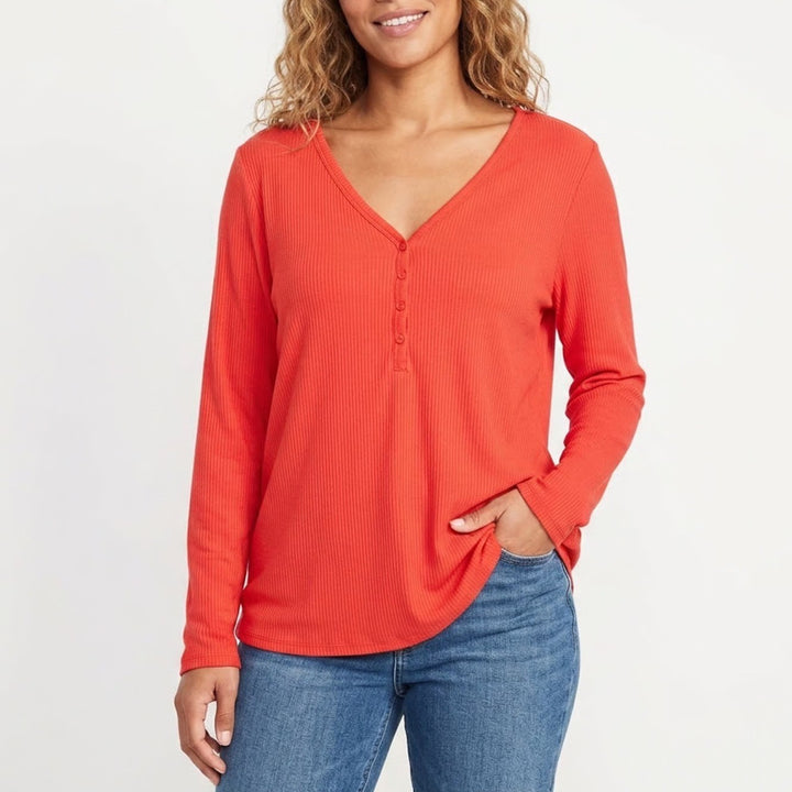 Old Navy Womens XL Red Ribbed Henley V-Neck Long Sleeve Top