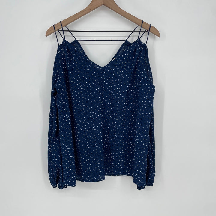 Crescent Navy Blue White Print Cold Shoulder V Neck Spaghetti Strap Blouse Top M
