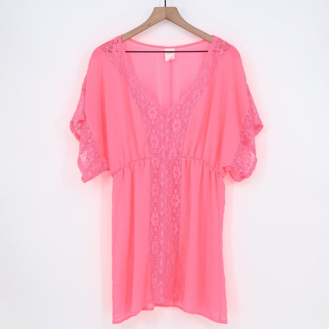 Xhilaration Neon Pink Crochet Lace V-Neck Swim Cover Up Tunic Dress Large KLB