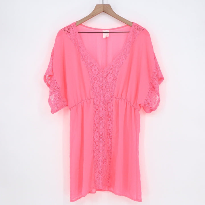 Xhilaration Neon Pink Crochet Lace V-Neck Swim Cover Up Tunic Dress Large KLB