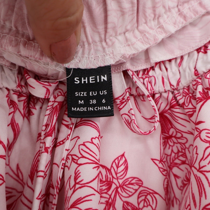 SHEIN Pink White Floral Toile Smocked Tiered Ruffle Mini Skirt Womens Size M