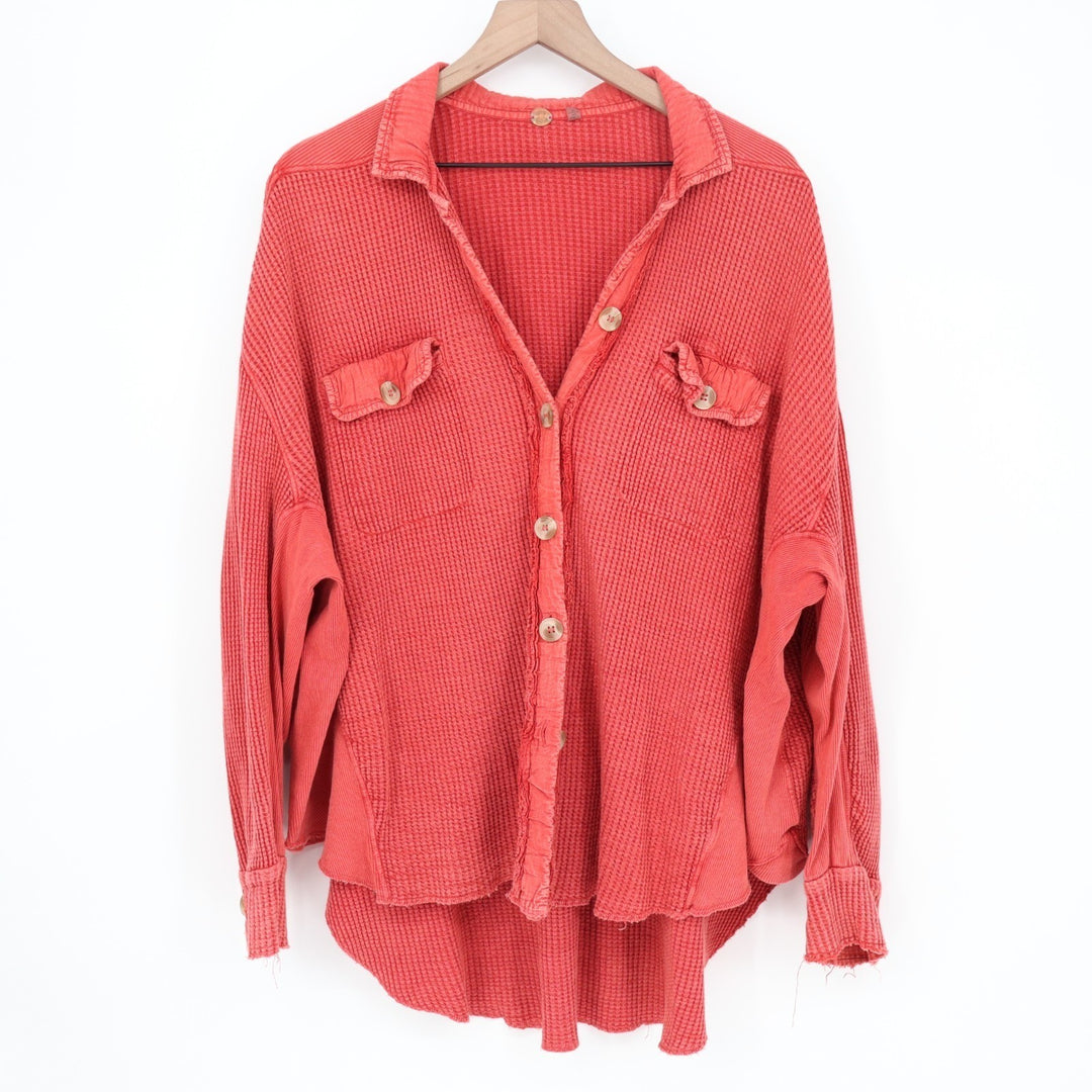 Free People One Scout Jacket Womens Small Red Cotton Waffle Knit Long Sleeve